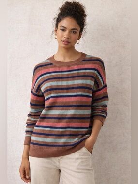 REI Cooperative Sweater Striped Waffle Brown Pink Pullover 100% Cotton Women L